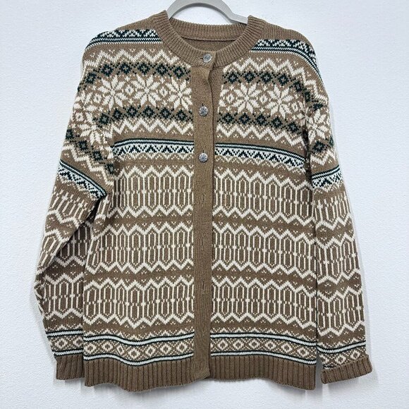 Fair Isle Button Front Cardigan Tan Cream Green Cabincore Apres Ski Size XL - Picture 1 of 6